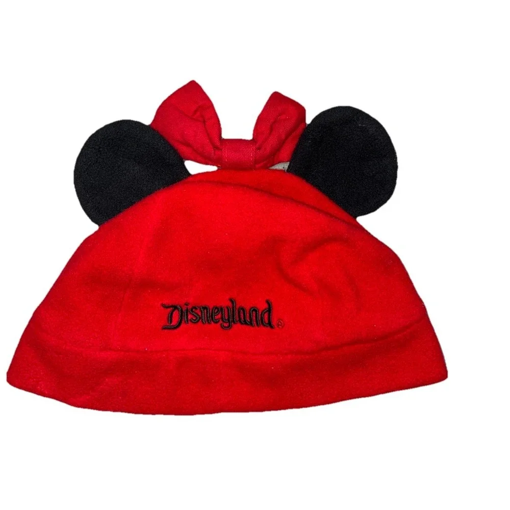 Vintage Disneyland Resort Fleece Hat Beanie Toddler Red Minnie Mouse Bow - Picture 2 of 5